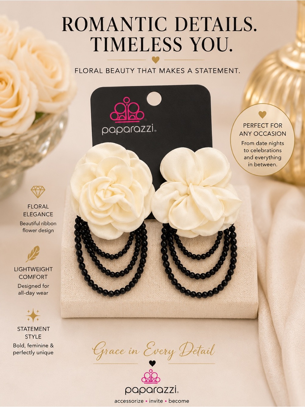 paparazzi Cream Flower Drop Earrings with Black Beaded Drapes